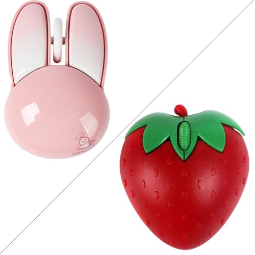 Wireless Mouse Cute Pink Mouse Kawaii Bunny Shape Rabbit Design Portable Silent Lightweight Quiet Cordless USB Optical Cordless Mice for Kids Girls Gift, Cute Strawberry Wireless Bluetooth Mice