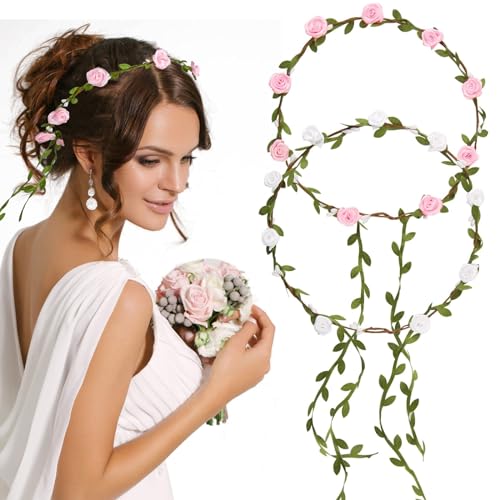 CAREDGO 2 Stück Blumenkranz Künstliche Blumenstirnband Haarkranz Blumen Krone Kopfschmuck Haarreif Blumen Haarband Verstellbarer Haarschmuck Blumenkrone für Hochzeit Party Festival (Rose und Weiße)