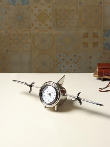 Image of Decor de Maison Brings Handcrafted Jettison Table Clock for KidsRoom, Living Room, Bedroom, Study Table|Classic Non-Ticking Tabletop Battery Operated Analog Desk Clock in Silver (46x12x4cm)