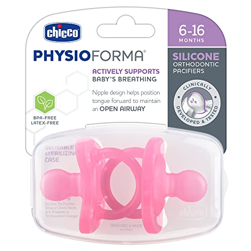 Image of Chicco PhysioForma 100% Soft Silicone One Piece Pacifier for Babies Aged 6-16 Months | BPA & Latex Free | Reusable Sterilizing Case | Pink, 2pk
