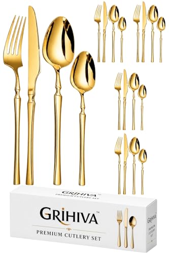 Image of 20 Pcs Gold Slim Handle Stainless Steel Cutlery Set for Dining Table with Spoons and Forks Set + Butterknives - The Perfect Tableware /Flatware