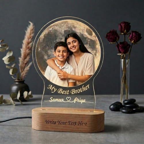 Image of Moon LED Photo Lamp with Wooden Base | Custom Couple Picture Night Light with Name Engraving | Romantic Gift for Anniversary, Wedding, Valentine, Birthday Brother Sister
