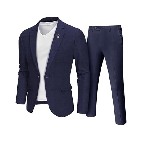 MrSure Mens 2 Piece Regular Fit Linen Suit, Casual Blazer Pants Set, Lightweight Jacket Trouser for Wedding Prom Deep Blue Small Cover