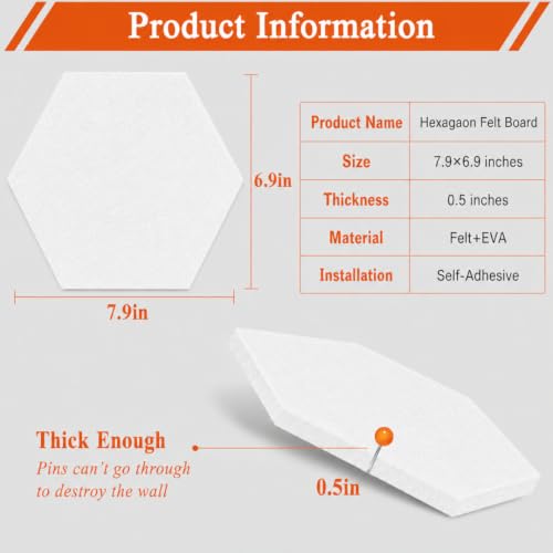 Image of Quiet Canvas Hexagon Pinboard, 1x1 ft, Pack of 8, 50 PushPins, (White)