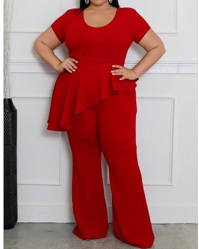 CXXQ Women's Plus Size 2 Piece Outfits Suit Set Short Sleeve Peplum Top Straight Pants Sets Business Pantsuits2