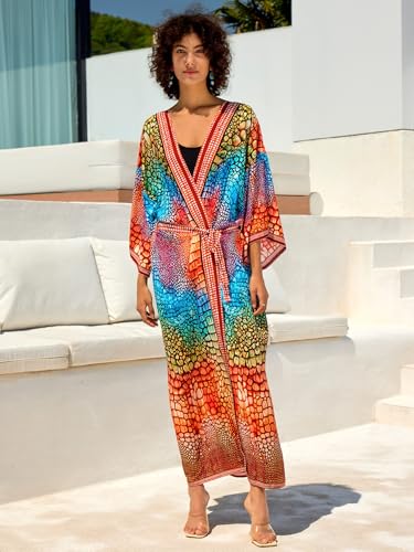 Image of Women's Kimono Cover Up Long Beach Dress Swimsuit Cover Ups Colorful Cardigan Lightweight Robe for Swimwear