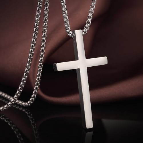 Image of Stainless Steel Cross Pendant Necklace for Men & Women | Silver Christian Cross Locket with Box Chain | Minimalist Religious Jewelry Gift