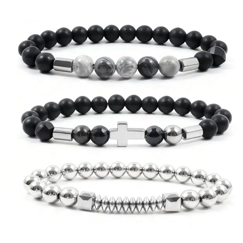 Set de 3 Pulseras para Hombre con Cuentas y Cruz miniatura 1
