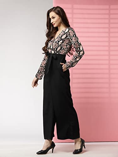 Image of LONDON BELLY Women's Polyester Semi-Formal Jumpsuit with Round Neck Half Sleeves Adjustable Waist Tie Abstract Pattern and Regular Fit | Women Stylish One Piece Outfit | Women Regular Fit Jumpsuit