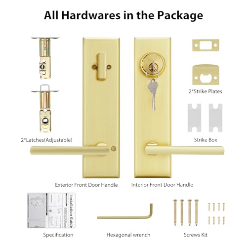 Image of Haidms Gold Front Door Handle - Entry Door Lever and Deadbolt Set, Modern Brushed Gold Exterior Door Lock Set, Square Front Door Handles
