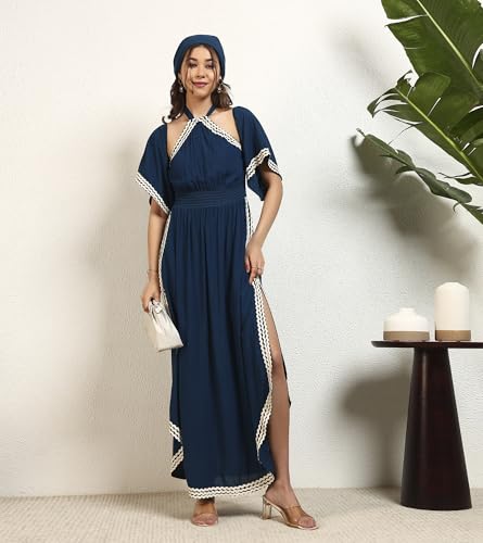 Image of DEEBACO Women's Solid Rayon Slit Ankle Length A-Line Dress|Sleeveless|Halter Neck|Casual Trending Fashion Long One Piece Dresses Women Western