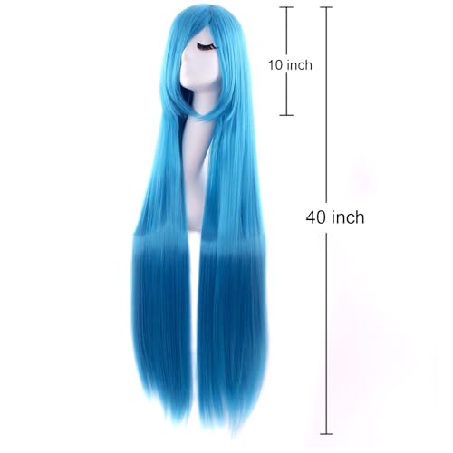 Image of MapofBeauty 40 Inch Oblique Bangs Anime Long Straight Wig, Cyan Blue