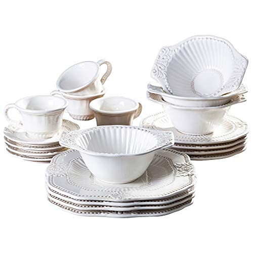 American Atelier Round Dinnerware Sets | White Kitchen Plates, Bowls, And Mugs | 20 Piece Elegant Baroque Collection | Dishwasher And Microwave Safe | Service For 4 #TOP14