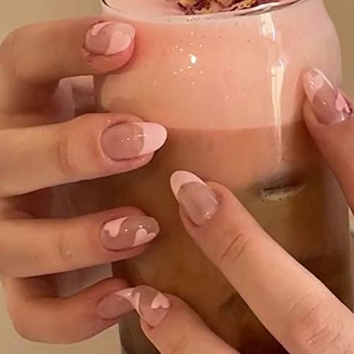 Press On Nails Short Almond Fake Nails, Classic Nude Pink Full Cover False Nails With Heart Design 2023 Trendy Uv Glossy French Tip Nails 24Pcs Reusable Glue On Nails For Women Acrylic Stick On Nails Decoration Girls Gifts #TOP3