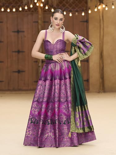 Image of PURVAJA Women's Kanjiwaram Semi-Stitched Lehenga choli