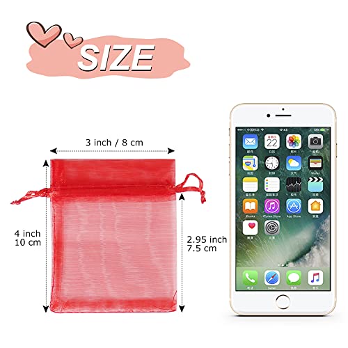 Image of HRX Package 100pcs Little Red Organza Bags 3 x 4 inch, Mesh Jewelry Pouches Drawstring Empty Sachets for Bracelets Candy Small Gift