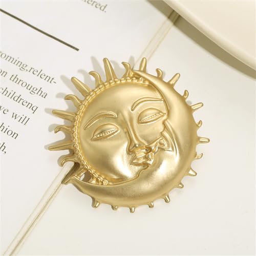 Image of Gold-Tone Moon Sun Brooch Pin Vintage Face Lapel Pin Dainty Crescent Moon with Flaming Sun Safty Pin Baroque Brooch Fairy Planet Badges for Hat Bag Pants Accessory Decoration Gift for Women Men