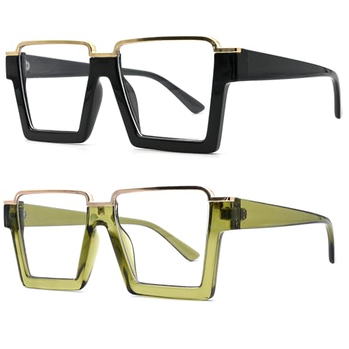 Image of Onrtry Oversized Square Blue Light Glasses for Women Men Fashion Semi Rimless Glasses Non Prescription Eyeglasses