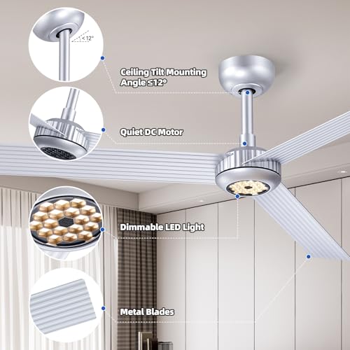 Image of TALOYA Ceiling Fan with Lights,52inch ceiling fan with Remote Control,Metal Body,Silver Finish,6-Speed,Dimmable, Noiseless Reversible DC Motor,Indoor /Outdoor