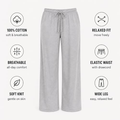Image of Essential Elements Womens 3 Pack PJ Pants 100% Cotton Jersey Lounge Pajama | Soft Lightweight Breathable Knit With an Elastic Waist, Comfy for Sleep, Lounging and Relaxed Everyday Wear