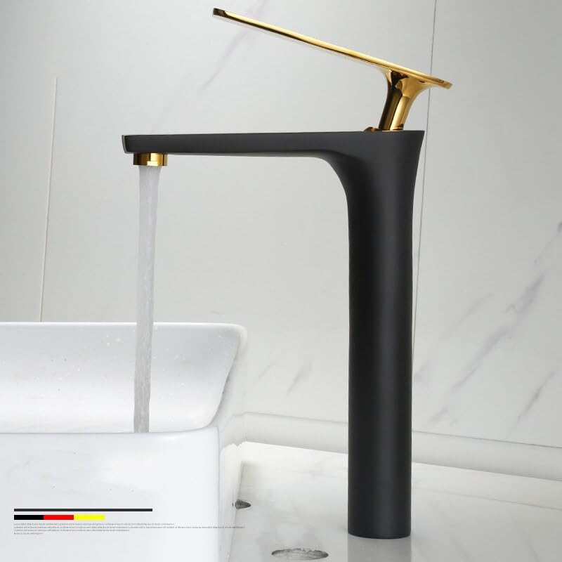Mitigeur de lavabo noir et or haut en laiton pour eau chaude et froide