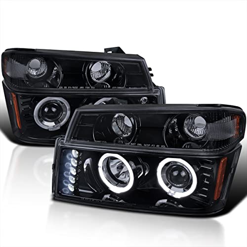Spec-D Tuning Glossy Black Housing Light Smoke Lens LED Halo Projector Headlights + Bumper Lights Compatible with 2004-2012 Chevy Colorado, 2004-2012 GMC Canyon Left + Right Pair Headlamps Assembly
