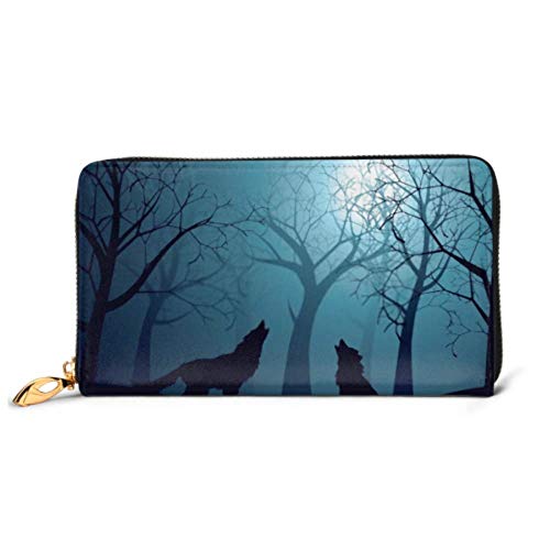 Preisvergleich Produktbild JHGFG Mode Handtasche Reißverschluss Brieftasche Silhouette Wolf Heulender Mond Wald Nacht Telefon Kupplung Geldbörse Abendkupplung Blockieren Leder Brieftasche Multi Card Organi