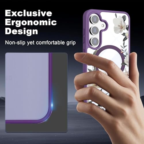 Image of VONZEE Compatible with Samsung Galaxy S25 FE 5G Case Luxury Retro Flowers Floral Clear for Magnetic Wireless Charging Case Shockproof PC+TPU Cute Glossy Shiny Cover for Girls Women, Deep Purple