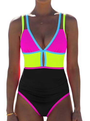 Image of popvil Women One Piece Swimsuit 2026 Tummy Control Sexy Cutout Neon Color Block Bathing Suit Slimming Adjustable Swimwear