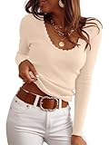 ANRABESS Womens Ribbed Fitted Sweater Long Sleeve Shirts Scoop Neck Lightweight Casual Knit Slim Tops 2025 Fall Outfits Parchment Large