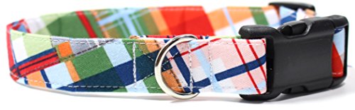 Hotoo Gone Coastal Plaid, Summer Shirt Pattern Designer Dog Collar, Adjustable Handmade Fabric Collars (M - 1')