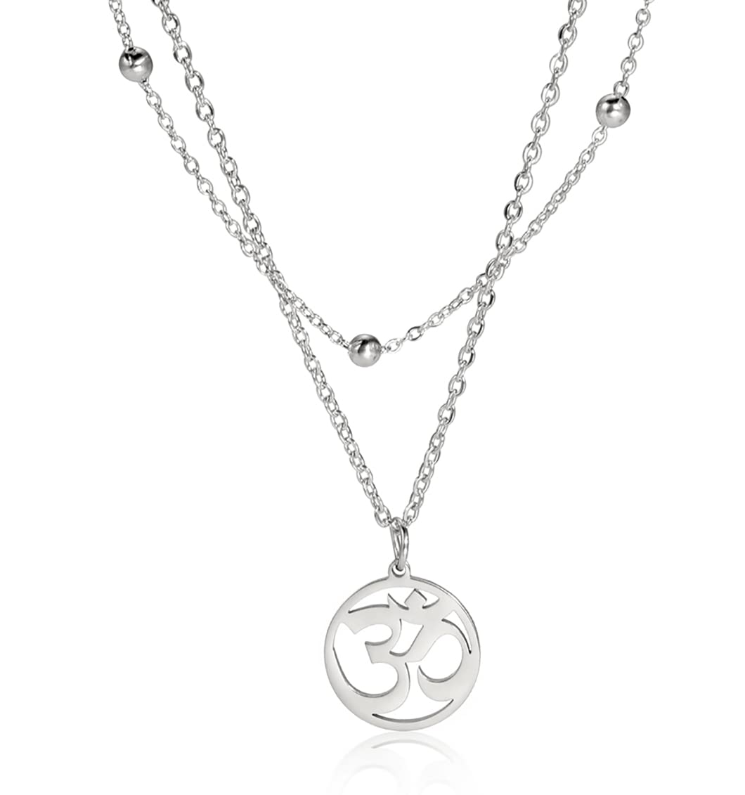 UNIFTNecklace For Women- Aum Om Ohm Sanskrit Symbol Round Pendant Beaded Double Layer Chain Charm Necklace,Hinduism Yoga Sanskrit Personalized Amulet Dainty Pendant Necklace Jewelry