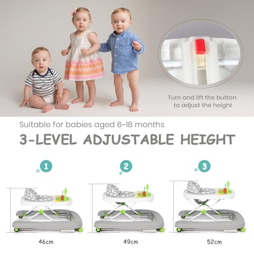 Hadibio Baby Walker, 2 in 1 Foldable Height Adjustable Walker with Music and Lights, Converts to Baby Push Along Walker and Kids Feeding Seat with Removable Play Tray, Suitable for 6 Months+, Grey - Image 4