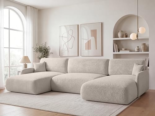 KP-Meble U-Form Wohnlandschaft mit Schlaffunktion 357x175 cm Bouclé Beige – Großes Schlafsofa mit Bettkasten, Moderne Couch mit Stauraum Pierr (Anthology 1)