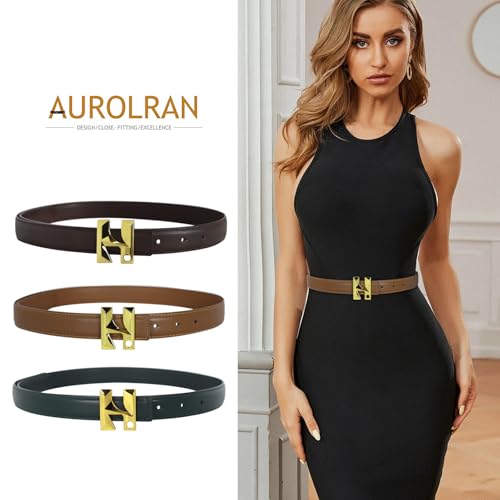 Image of Aurolran Women's Fashion Classic Metal Buckle Leather Belt with Jeans Dress