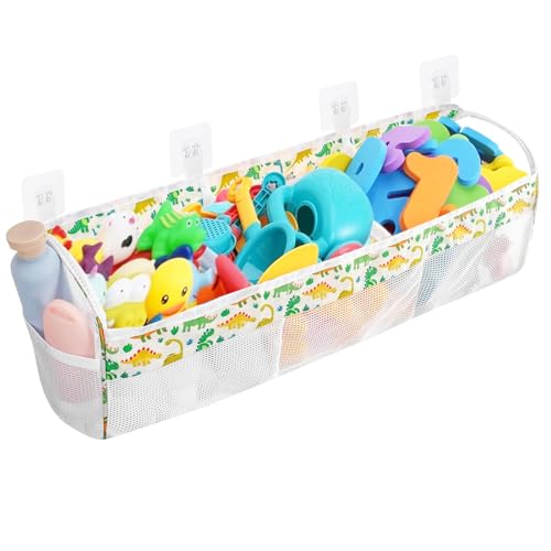 lomdung Bolsa Juguetes Bañera de Malla, Bolsa Juguetes Bañera de Baño 3 Compartimentos, Dinosaurio Organizador de Juguete de Baño, Soporte de Pared, 63 X 16 X 20 CM, para Niños, Adultos, Juguete