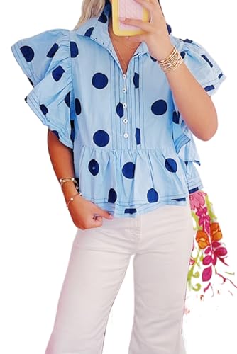 TinyCribz Elegant Sky Blue Polka Dot Ruffled Short Sleeve Buttoned