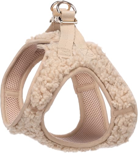 Flamingo Step&Go Hundegeschirr Pookie – Beige – Größe L (A: 32–37 cm, B: 42–46 cm, 5 mm) – Weiches Fleecegeschirr mit Klettverschluss, Klickschnalle und goldfarbenen Details