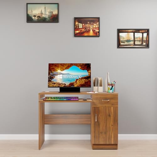 Image of VIKI Engineered Wood Computer Table, Study Table, Desks with Drawer, Door, Storage, Keyboard Tray for Adults /Students, Office Home | KHONSA | Brussel Walnut, 100W x 75H x 40D | 1 Year Warranty