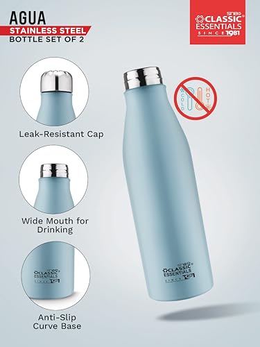 Image of CLASSIC ESSENTIALS Agua Stainless Steel Leak Proof Water Bottle Suitable for Fridge 1000 ml | Office, Bottle, Hiking, Treking, Travel | Blue, Set of (2)