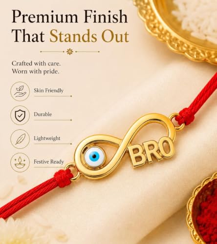 Image of Golden Plated Evil Eye Infinity BRO Rakhi for Brother with Greeting Card, Roli & Chawal | Designer Rakhi Band Bracelet for Bhai, Bhaiya | Raksha Bandhan Gift Set Hamper
