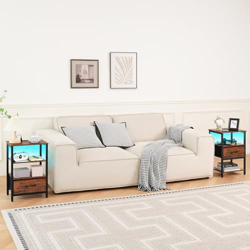 Image of Yoobure End Table with Storage, LED Nightstand with Charging Station, Side Tables Living Room, 3-Tier Wood Bedside Table with Adjustable Fabric Drawer, Night Stand for Bedroom, Brown