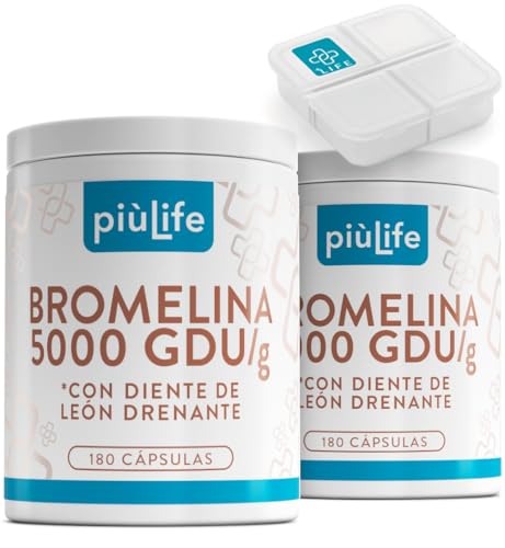 Bromelina 5000 GDU/g 360 Cápsulas PiùLife, 3 Al Día, Bromelain 1200mg, Enzimas Digestivas Naturales De Piña, Con Extracto De Diente De Leon Drenante, Hinchazón Abdominal, Microcirculación, Alta Dosis
