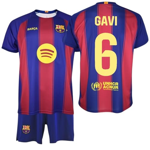 F.C. Barcelona - Kit Infantil 25/26 | Camiseta + Pantalón | Diseño Oficial GAVI Nº6 | Escudo y Logos Serigrafiados (FR/ES, Edad, 14 años, Regular, Rojo y Azul)