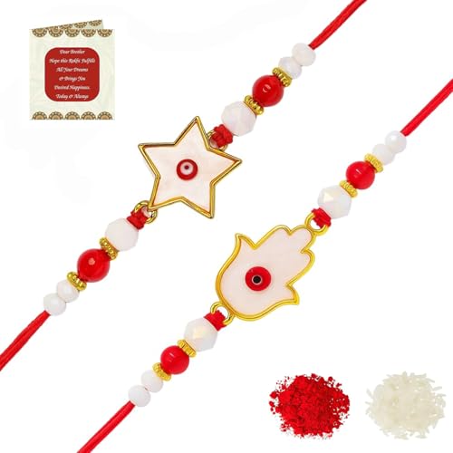 Image of Riddhika Ventures Elegant Evil Eye Rakhi for Protection from Negative Energy (Set Of 2) With Roli Chawal And Greeting Card (V1W1)