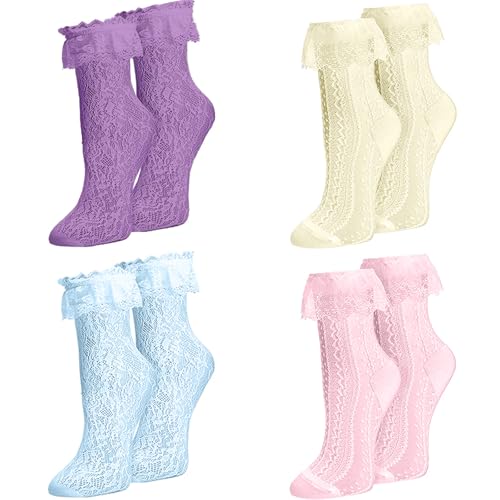 Image of Women Lace Ruffle Socks White Black Frilly Lolita Crew Dress Socks | Womens Ankle Lacy Ruffled Socks Adult Cute Soft Cotton Thin Sexy Mesh Lace Trim 80s Casual Church Socks for Ladies Big Girls