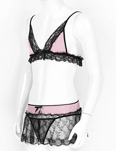 Mens Sissy Lace Lingerie Set Mini Skirt with G-String Bra Top Crossdressing Pajamas3