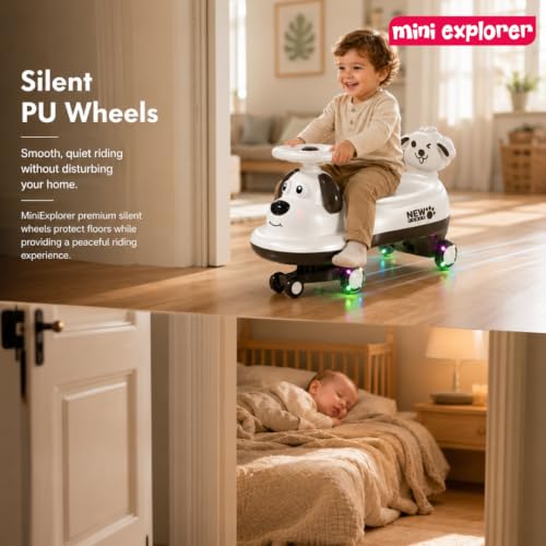 Image of MiniExplorer Twisting Swing Magic Car for Kids, Boys & Girls Age 1-5, White | Wiggle Ride On Car, Silent Wheels, Anti-Rollover Design, Shockproof Ride On