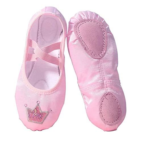 Tyenaza Girls Ballet Shoes, Kids Embroidery Crown Pattern Practice Ballet Shoes Girls Cute Soft Satin Yoga Dancing Shoes(27 Yards-Pink)