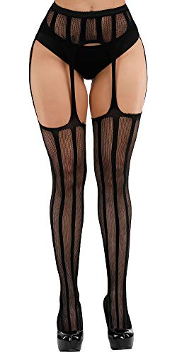 Confonze Womens High Waist Fishnet Tights Suspenders Pantyhose Thigh High Stockings Black (Black-6057)